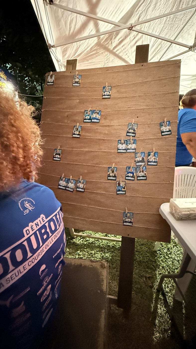 Mur des éliminés en pleine nuit, portraits des coureurs encore en course
