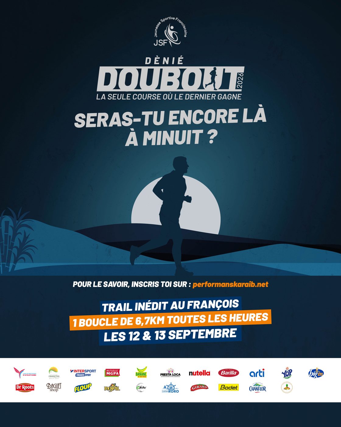 Affiche Dènié Doubout « Seras-tu encore là à minuit ? », coureur sous la lune