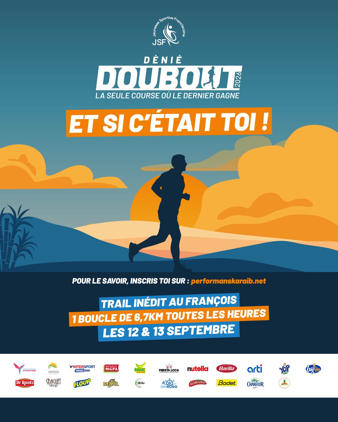 Affiche Dènié Doubout « Et si c'était toi ! », coureur au coucher du soleil